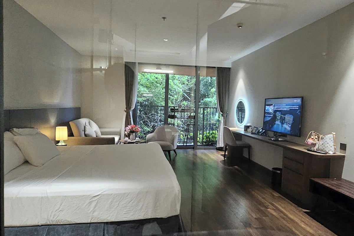 A modern hotel room with a large bed, a desk with a TV, and a view of greenery outside.