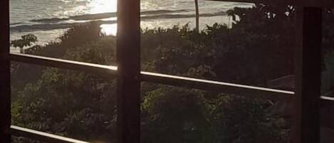 A balcony with a view of the ocean and palm trees.