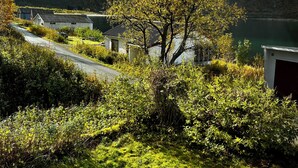 A rural landscape with a road, buildings, and a mountain backdrop.
