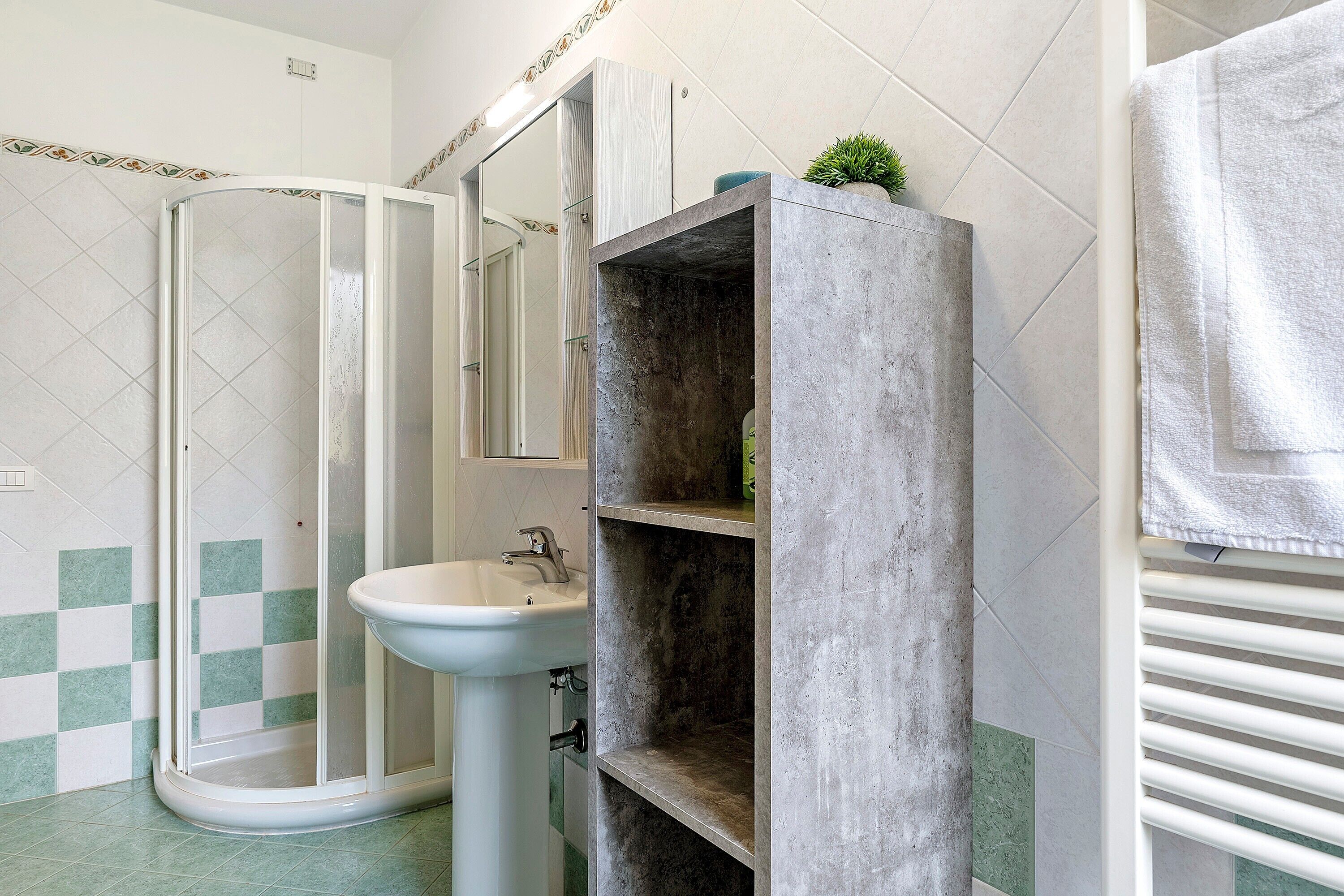 Une salle de bain avec une douche, un lavabo et une étagère en béton sur laquelle est posée une plante.