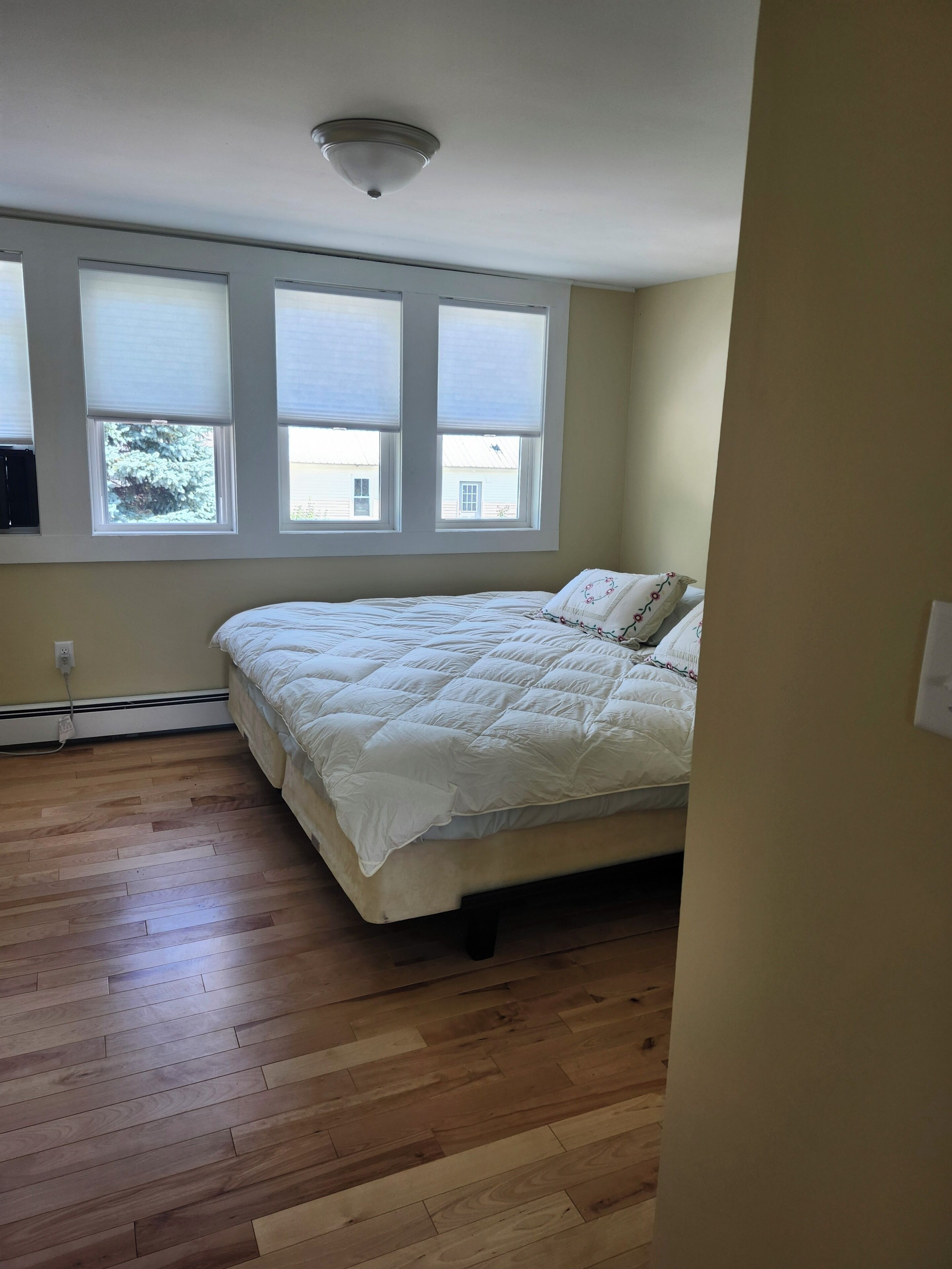 A bedroom with a bed, three windows, a ceiling light, and wooden flooring.