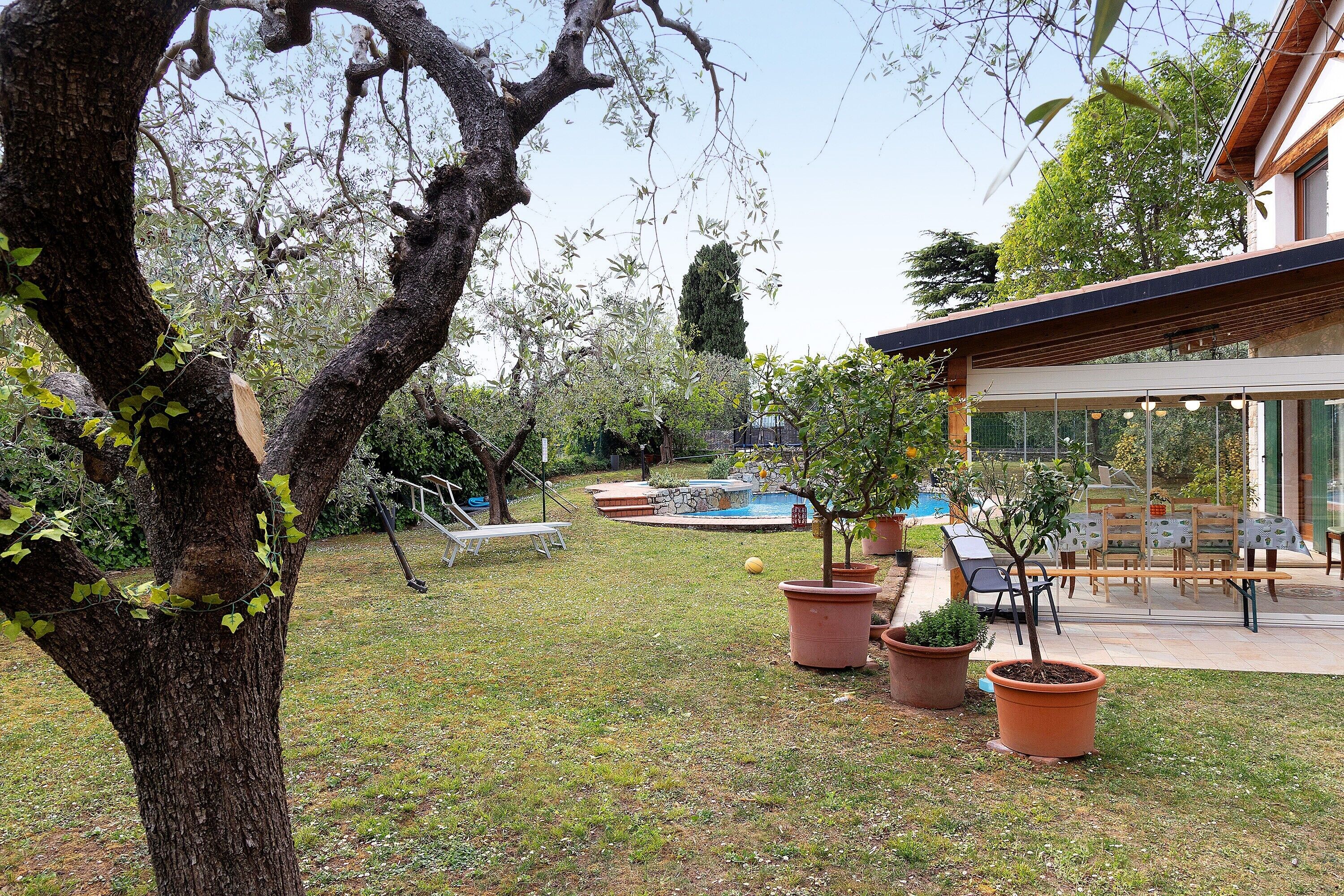 Ein Garten mit Swimmingpool, Terrassenmöbeln und Blumentöpfen.