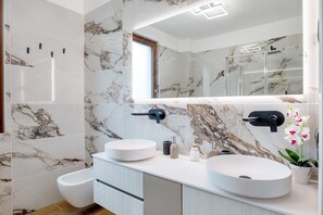 Shower, hair dryer, towels