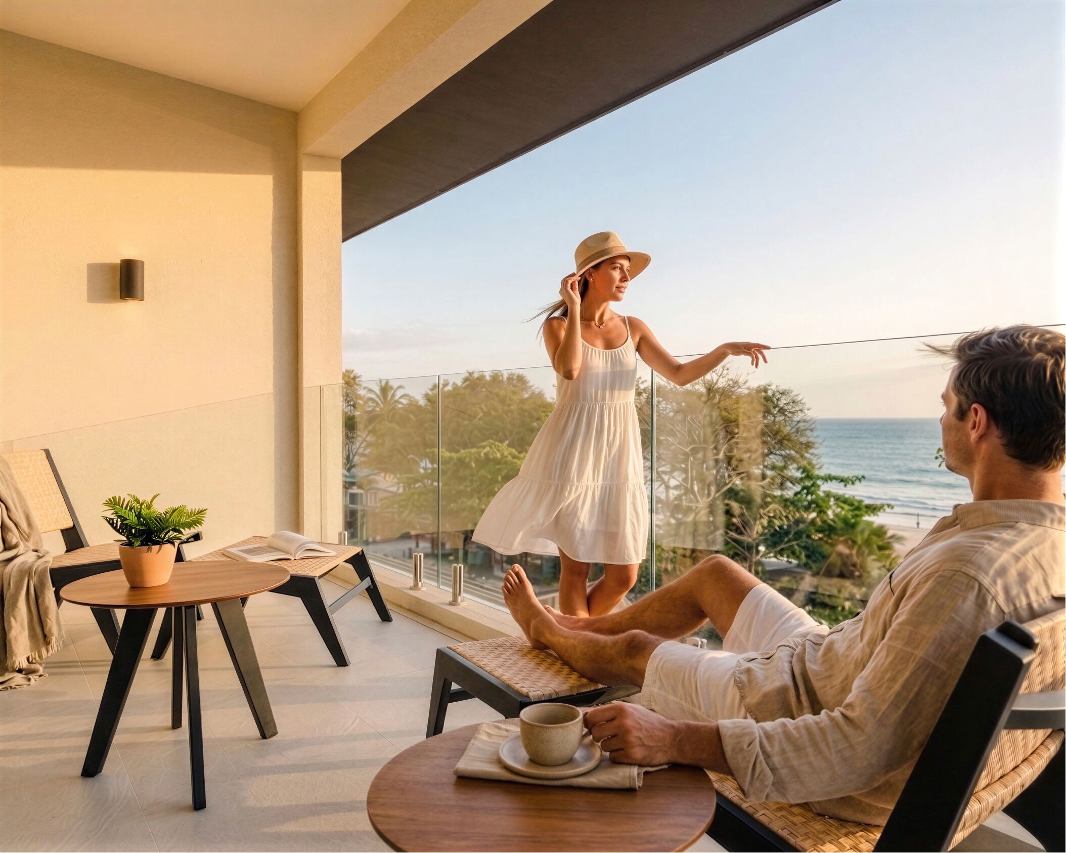 Un balcón con vista al mar, una mesa de comedor con una taza y una planta en maceta.