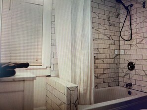 Hair dryer, towels, soap, toilet paper