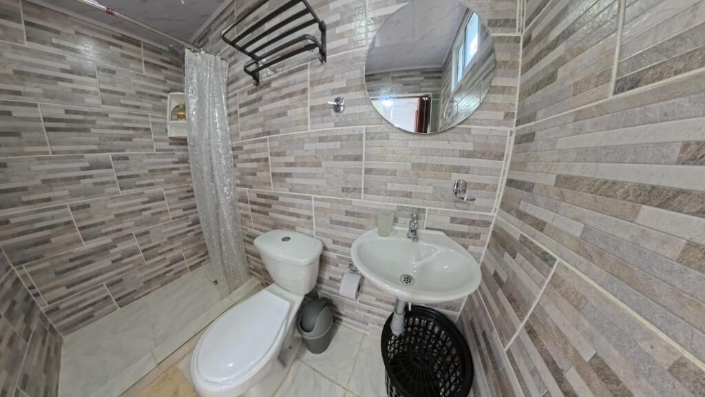 Un baño con inodoro, lavabo y espejo.