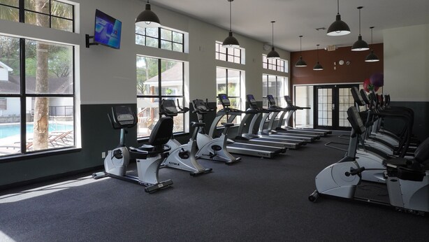 Una palestra con tapis roulant, cyclette e uno schermo televisivo.