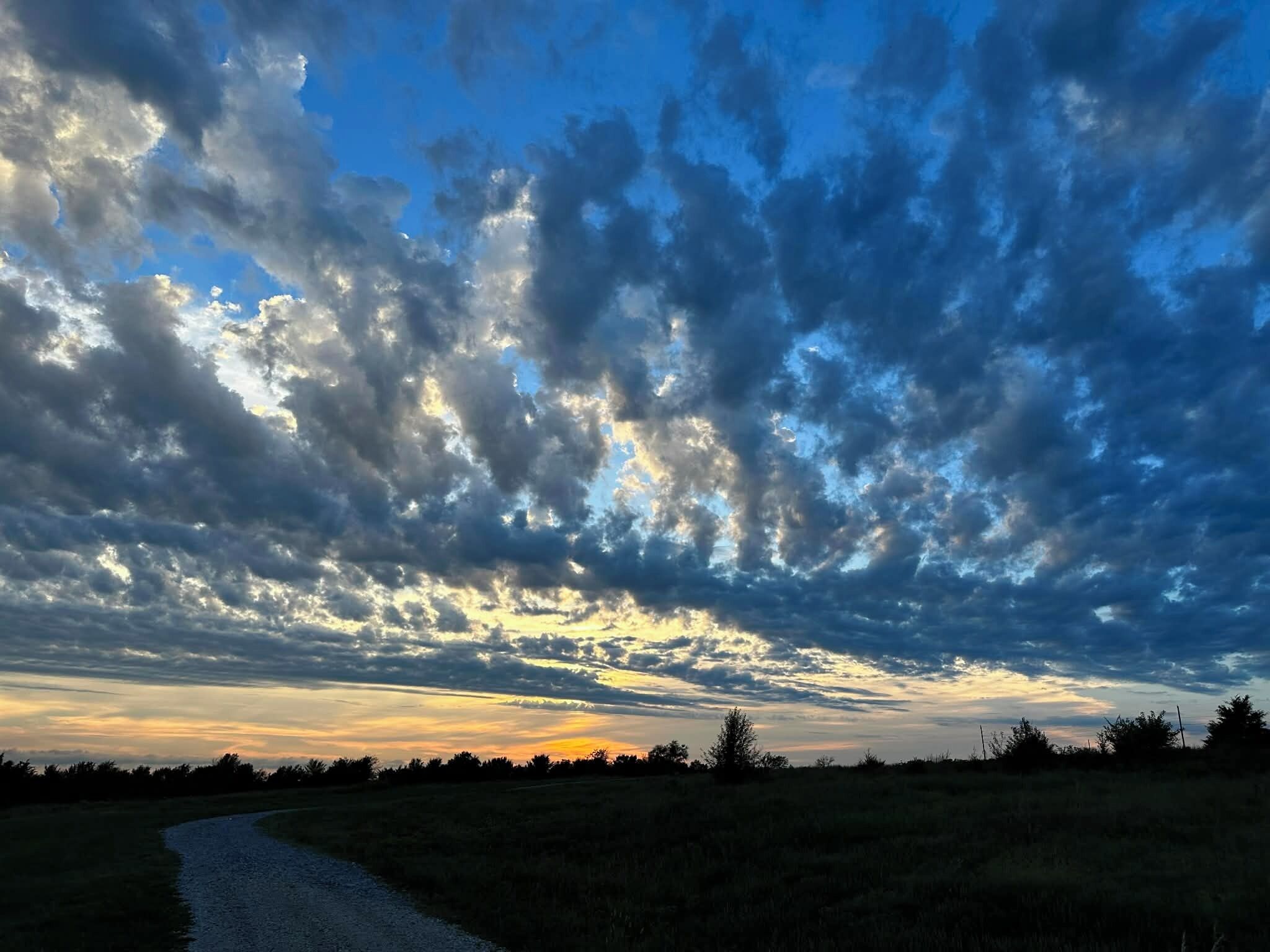 Un paysage rural avec un chemin de gravier qui traverse un champ, sous un ciel partiellement nuageux.
