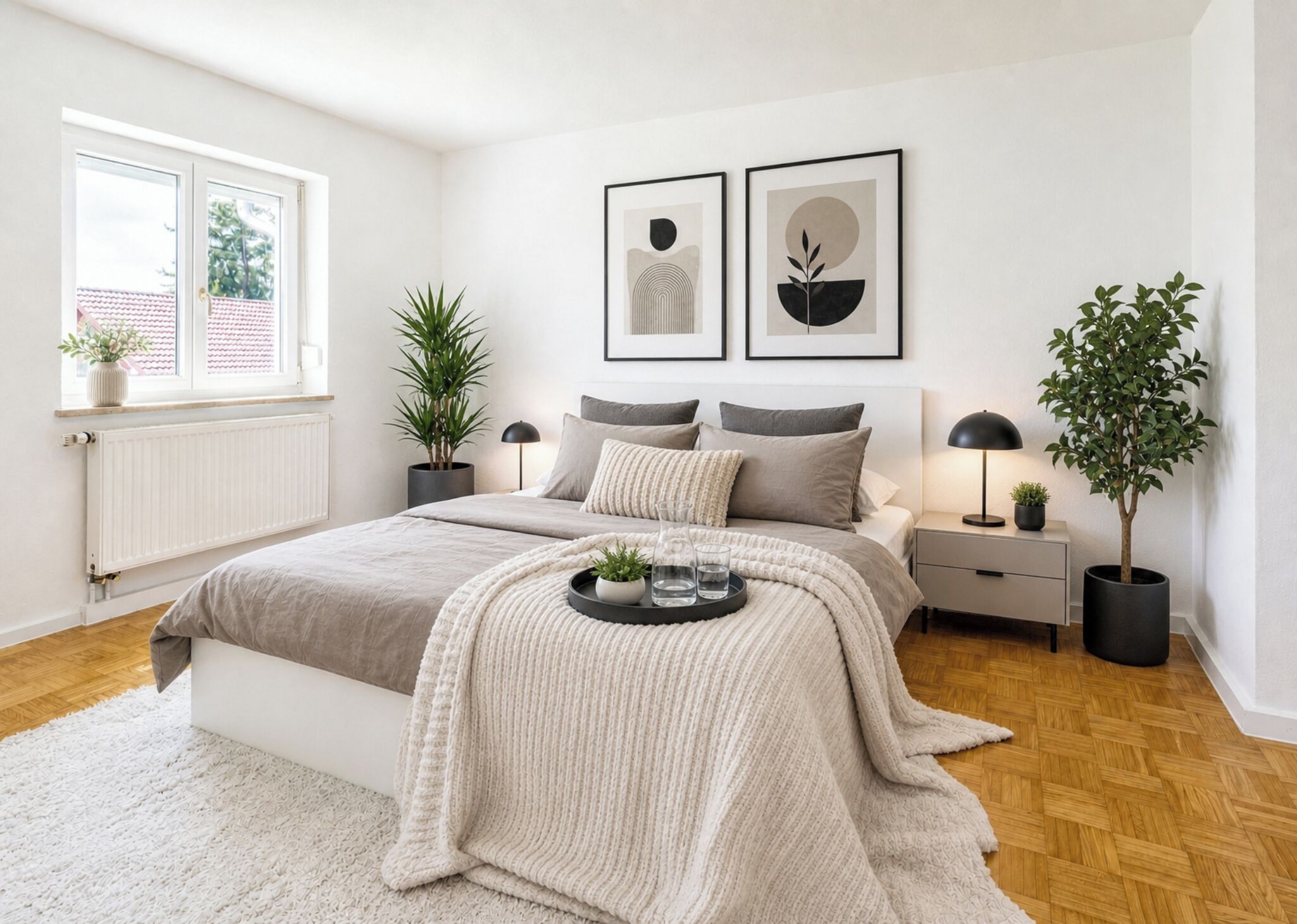 A modern bedroom with a bed, bedside tables, a radiator, a window, and two framed artworks on the wall.