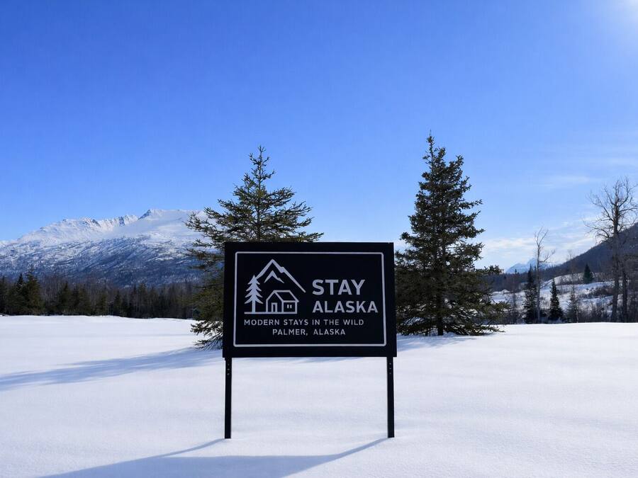 A sign for 'Stay Alaska' with a mountain backdrop.