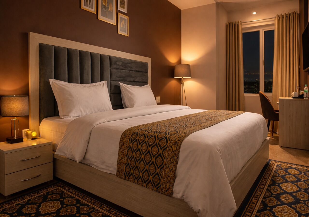 A hotel room with a large bed, bedside tables, a desk, a chair, and a window with curtains.