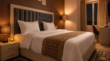 A hotel room with a large bed, bedside tables, a desk, a chair, and a window with curtains.