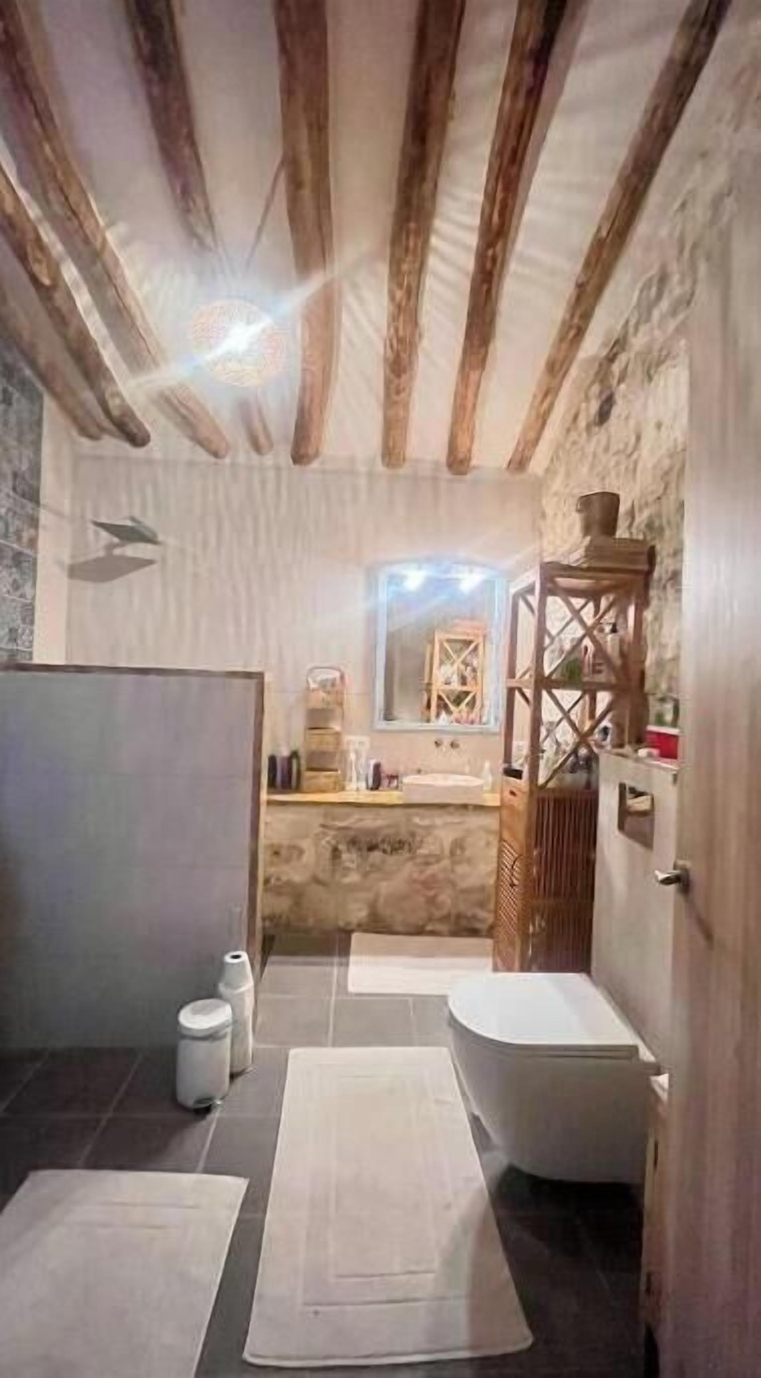 Une salle de bain avec un mur en pierre, des poutres en bois, un lavabo, des toilettes et un miroir.