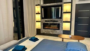 A bedroom with a bed, a fireplace, a TV, and a door.
