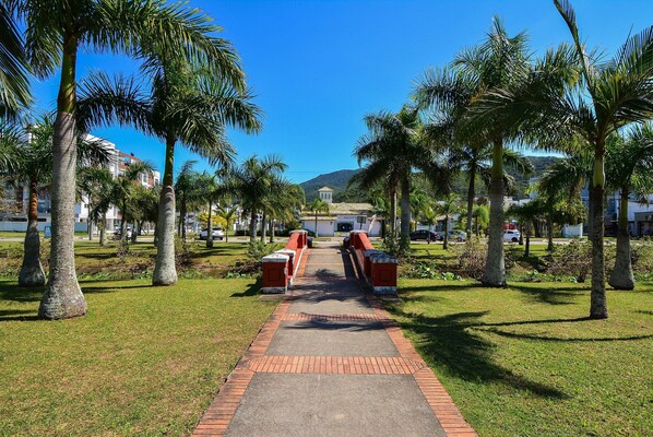 A pathway lined with palm trees leading to a building with a red roof. - Charme e Conforto - 400m Praia de Palmas (Governador Celso Ramos)