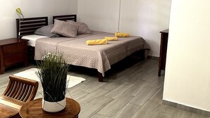 A bedroom with a bed, bedside tables, a chair, a potted plant, and a hanging light fixture. - Welcome to La Baraka 4 (Dzaoudzi)