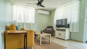 Een woonkamer met een bank, een salontafel, een televisie en een plafondventilator.