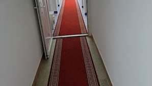 A hallway with a red carpet, white walls, and a door at the end.
