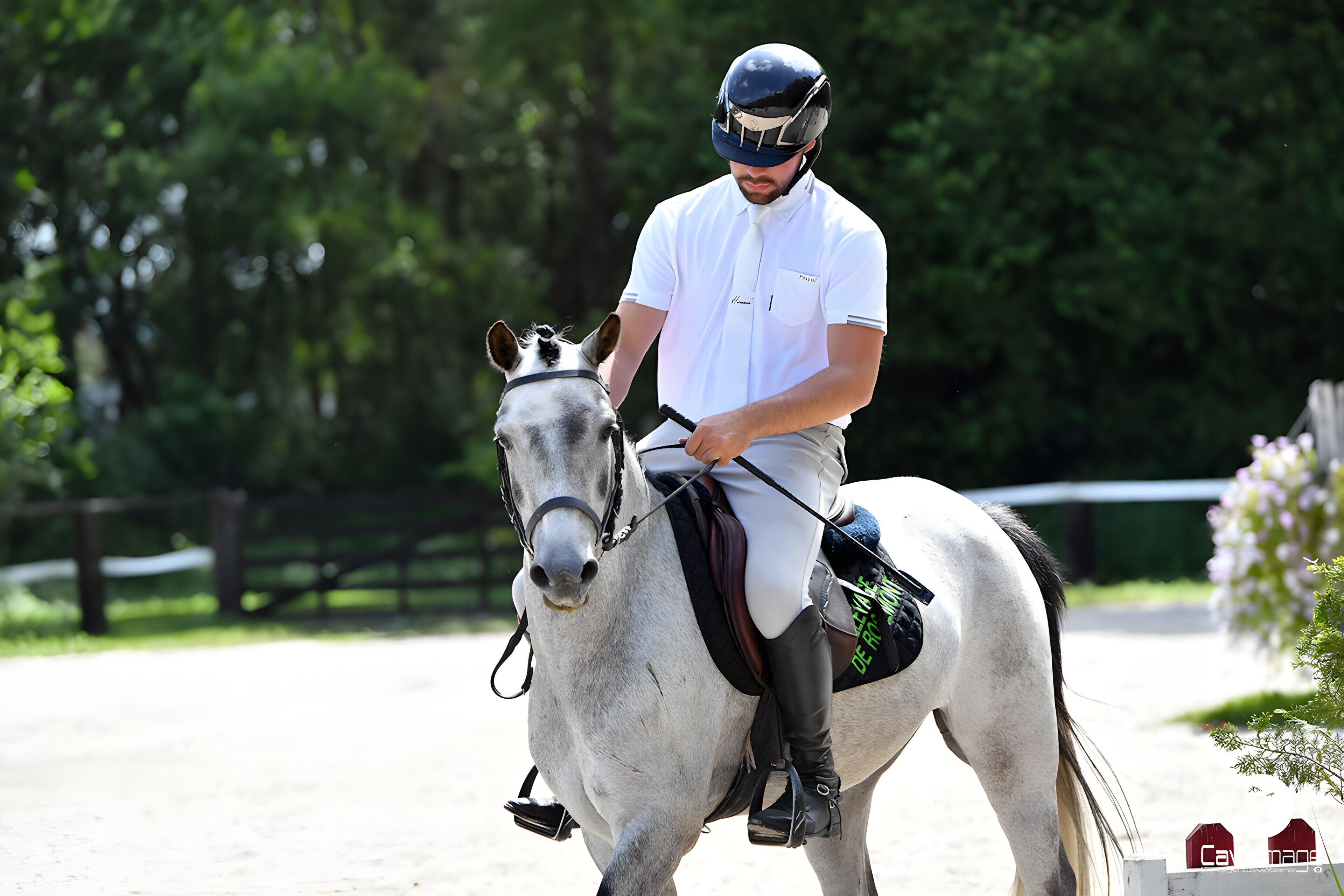 A person riding a horse in an outdoor setting with a fence and greenery in the background.