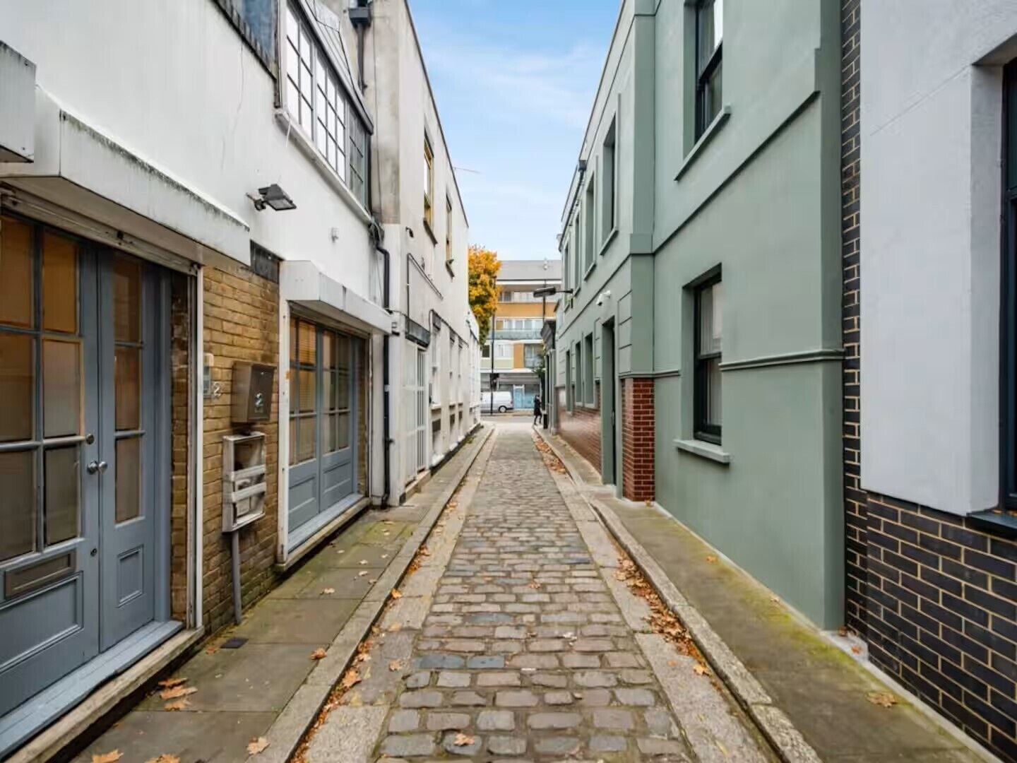 A narrow cobblestone alley between buildings with doors and windows, suggesting a residential area.