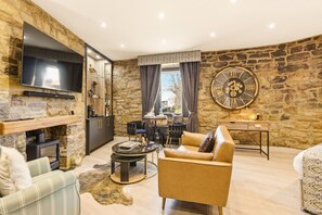 Televisión, chimenea y libros 