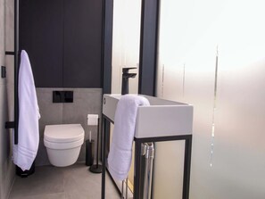 Shower, hair dryer, towels, shampoo