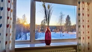 A window with a view of a snowy landscape, a red vase with tall plants, and heart-patterned curtains. - Kronlund Kursgård (Vindeln)