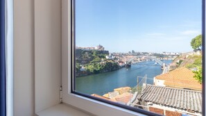 Aussicht auf einen Fluss mit einer Brücke, Gebäuden und Grünflächen.