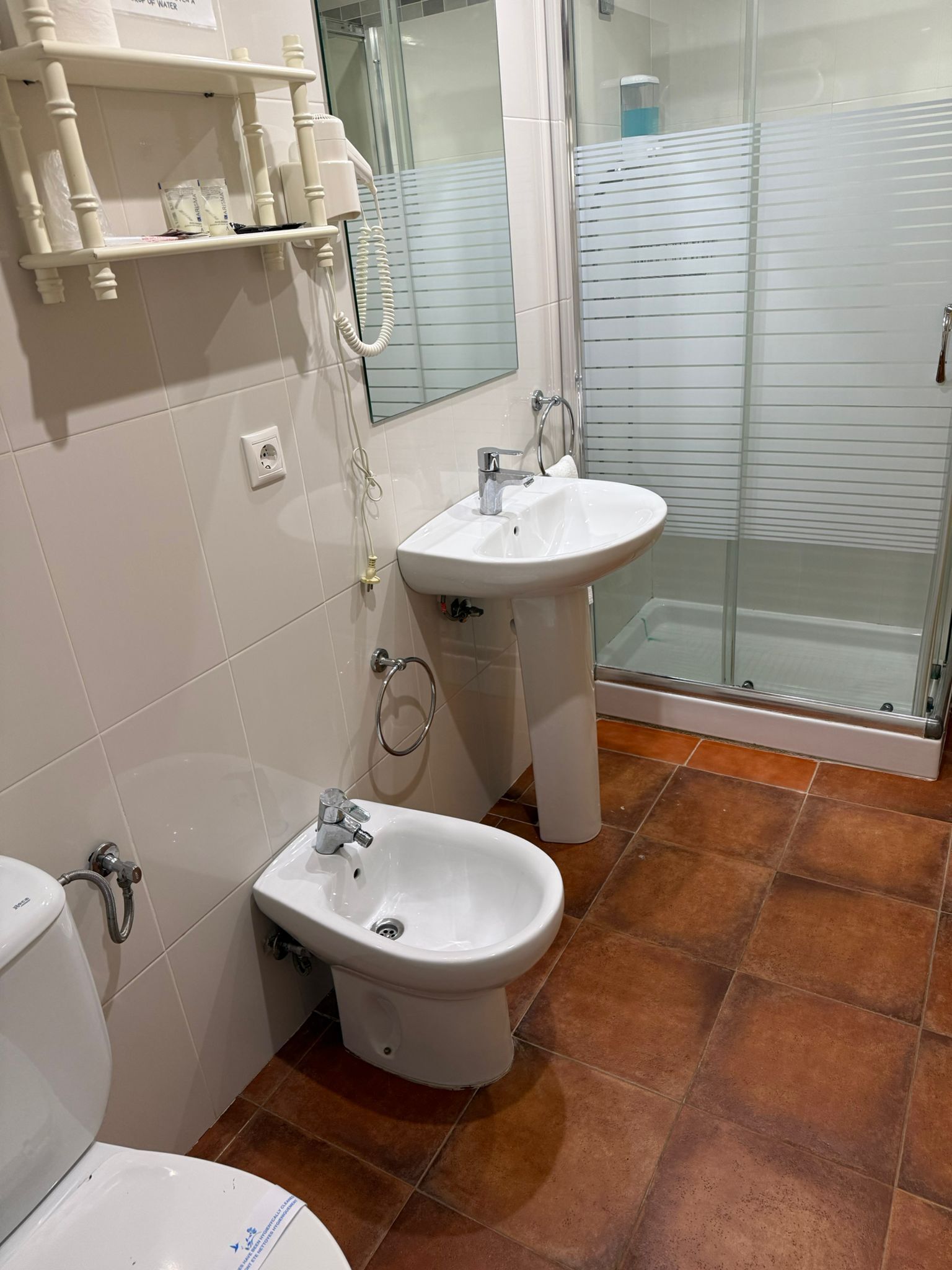 A bathroom with a toilet, bidet, and a glass-enclosed shower.