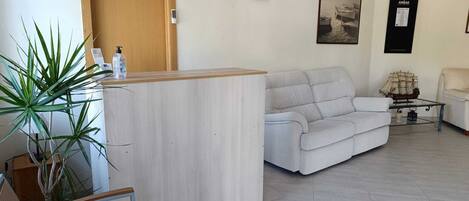 A reception area with a wooden desk, a white sofa, a chair, a potted plant, and a wall clock.