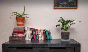 Ein Bücherregal mit Büchern und zwei Blumentöpfen auf einem dunklen Holztisch vor einer schlichten Wand.