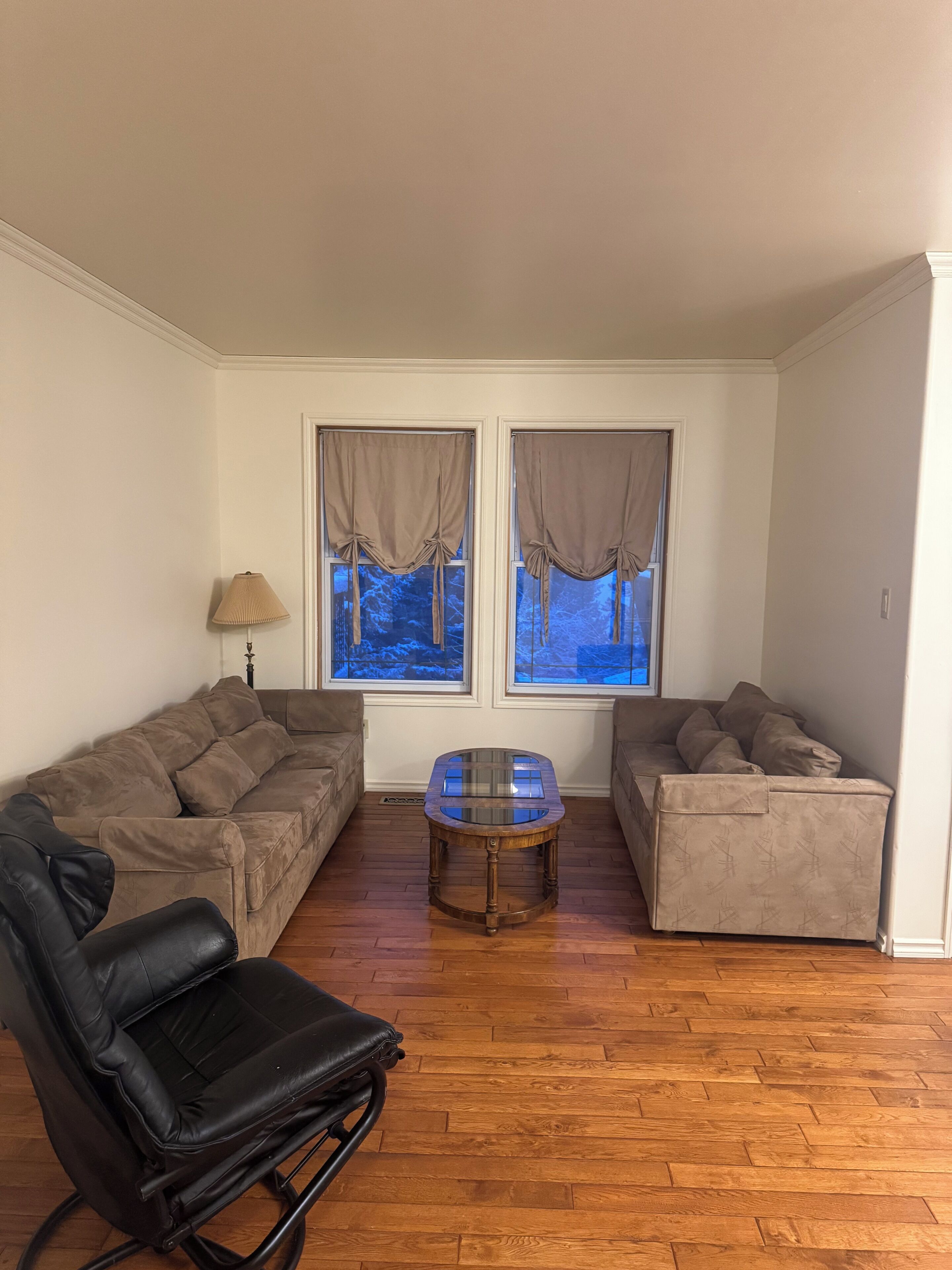 Un salon comprenant un canapé, un fauteuil, une table basse et deux fenêtres avec des rideaux.