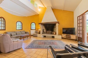 TV, fireplace - Le Mas des Trois Sources - Grand jardin (Gignac)