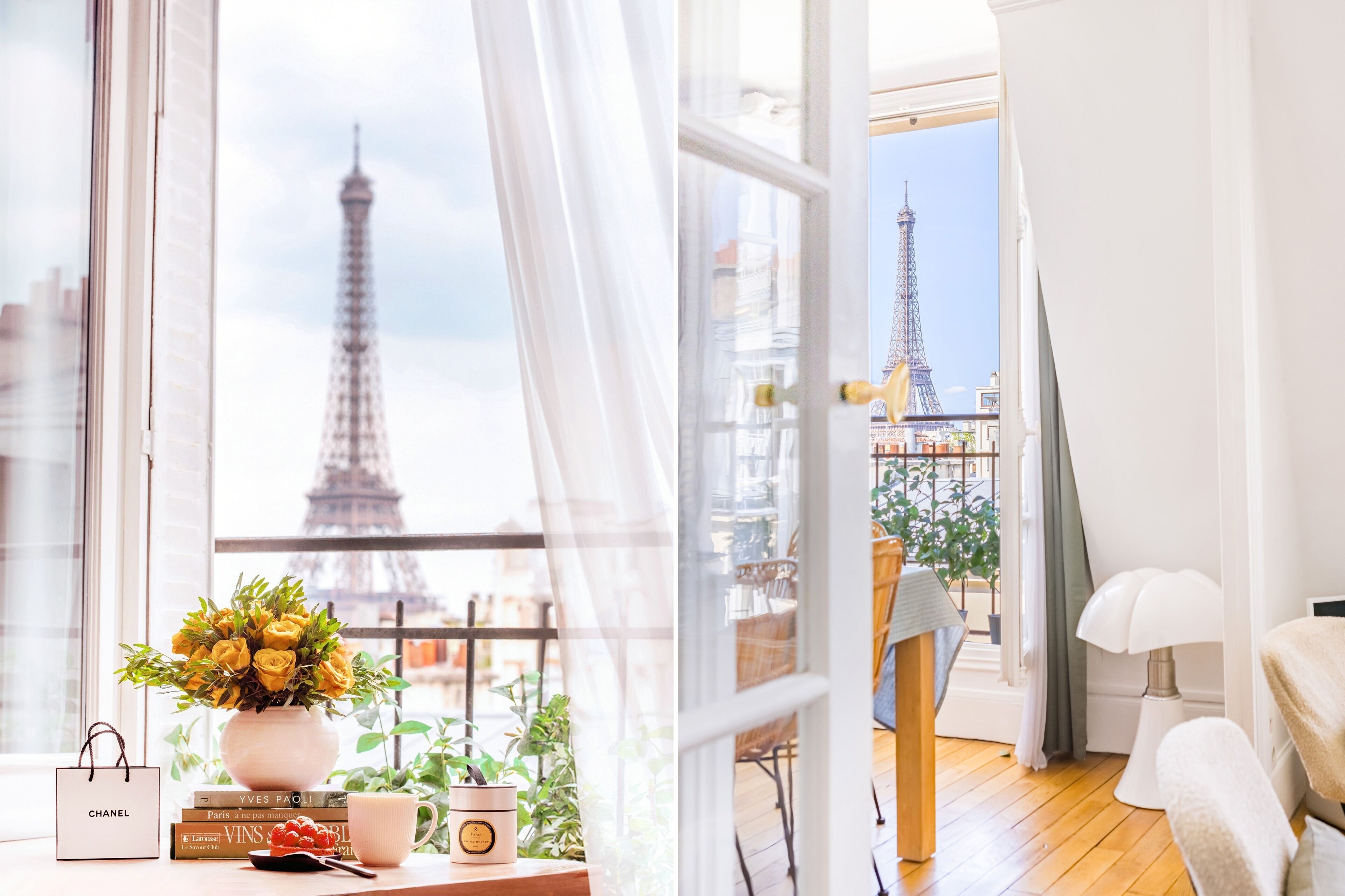 Une chambre avec vue sur la Tour Eiffel, un vase rempli de fleurs jaunes, un sac Chanel et un livre de Vignes.