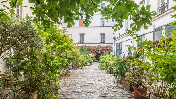 A cobblestone pathway flanked by potted plants and greenery, leading to a building with multiple windows. - Bon Marché Sevres - Two Bedroom Apartment, Sleeps 4 (Paris)