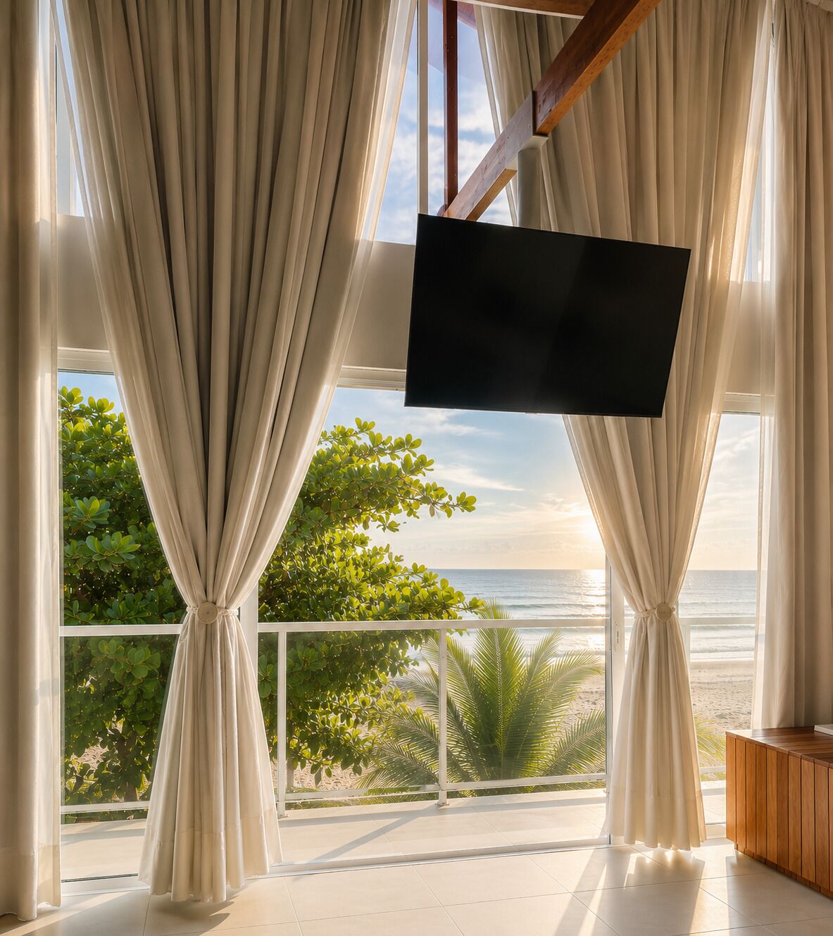 Habitación con una ventana grande, cortinas, televisor de pantalla plana y vista al océano.