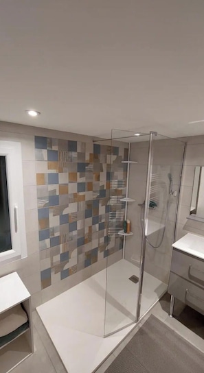 A modern bathroom with a glass-enclosed shower, a white sink, and a tiled wall with geometric patterns. - Town house near chateau Chenonceau, Amboise, Clos Luce, Beauval zoo, Loches (Bléré)