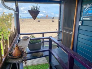 A balcony with a hanging plant, a potted plant, and a terracotta pot. - Victorian on Garden: Best Location in Town (Bellingham)