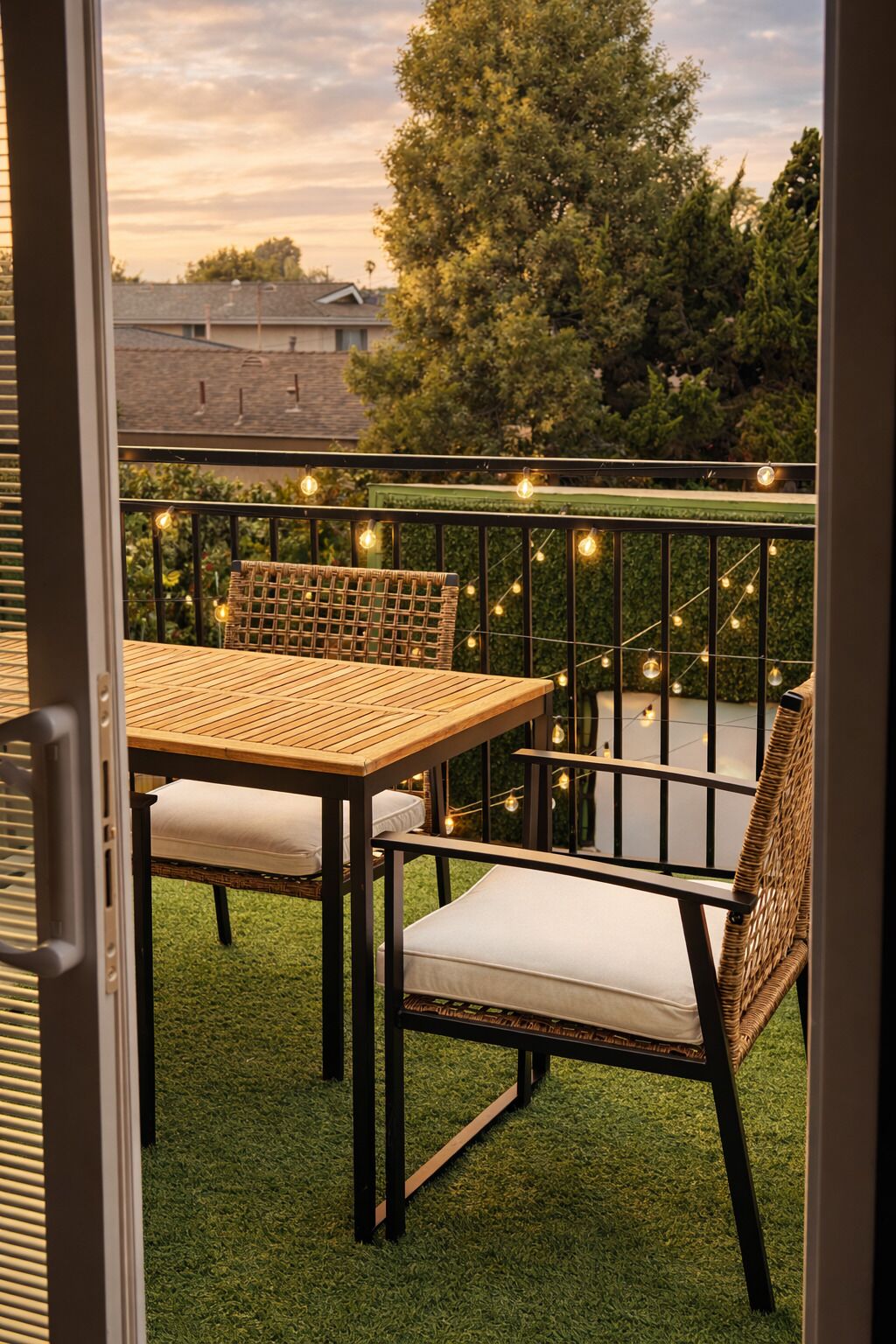 A balcony with a table and chairs, string lights, and a view of trees and buildings.