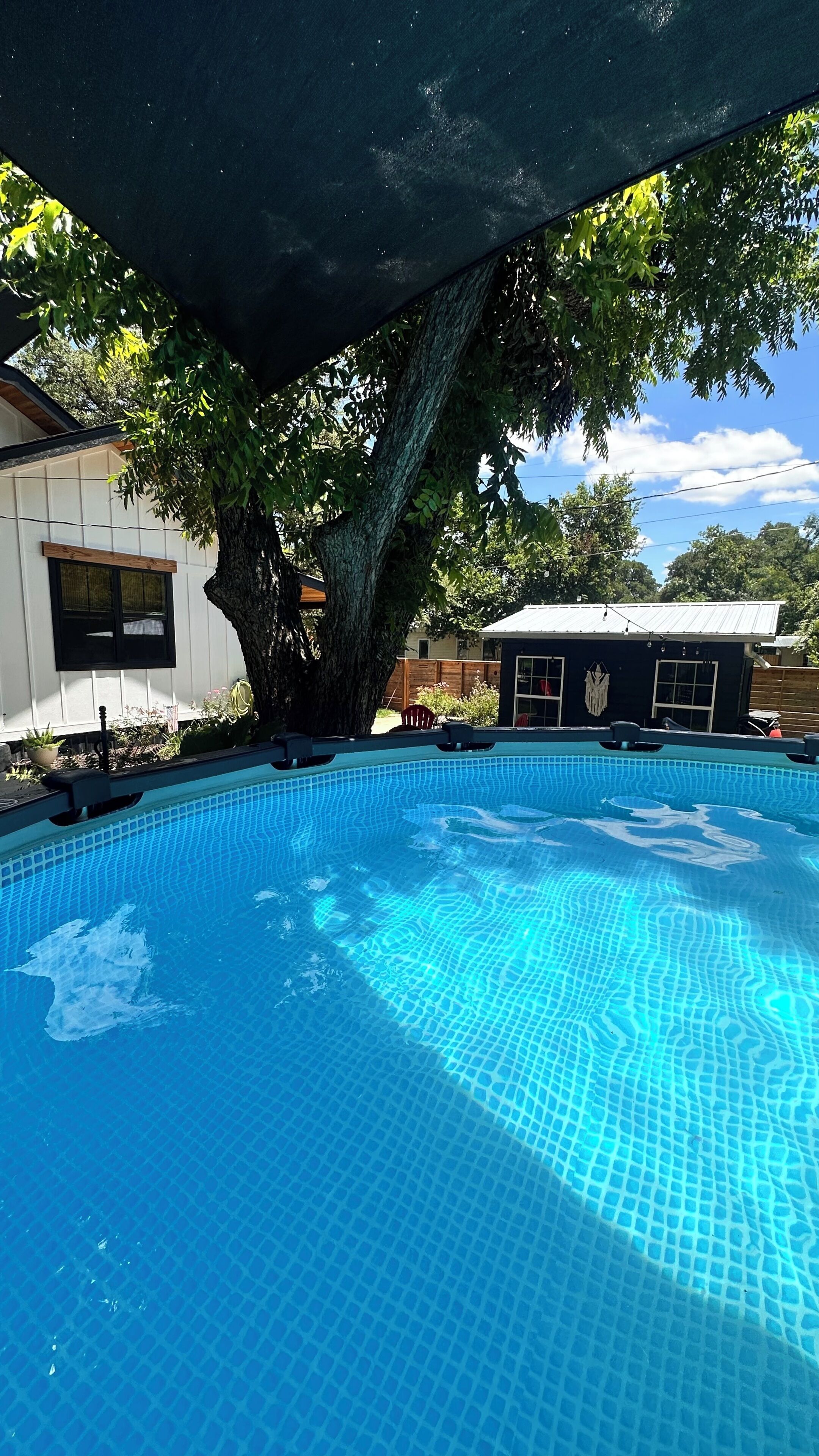Une piscine dont le fond est recouvert de carreaux, entourée d’arbres et de bâtiments.