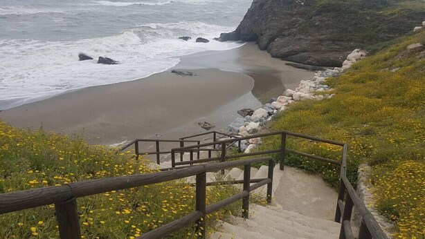 Un paisaje costero con una playa, acantilados rocosos y una escalera que baja hacia la orilla.