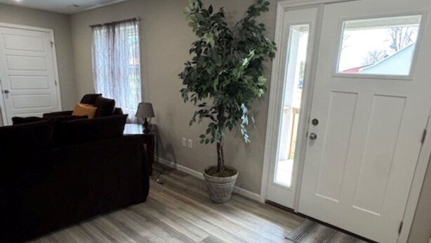 A living room with a dark-colored sofa, a potted plant, and a door with a window. - Cozy West Duplex (Seymour)