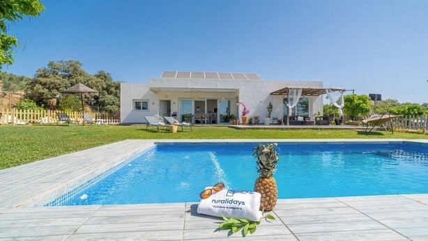 En swimmingpool med en ananas och en handduk med text på, omgiven av ett hus och ett staket.