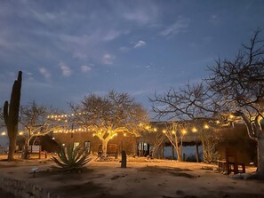 A desert landscape with a thatched-roof building, string lights, and cacti. - Ancón Vistamar (Los Encinitos)