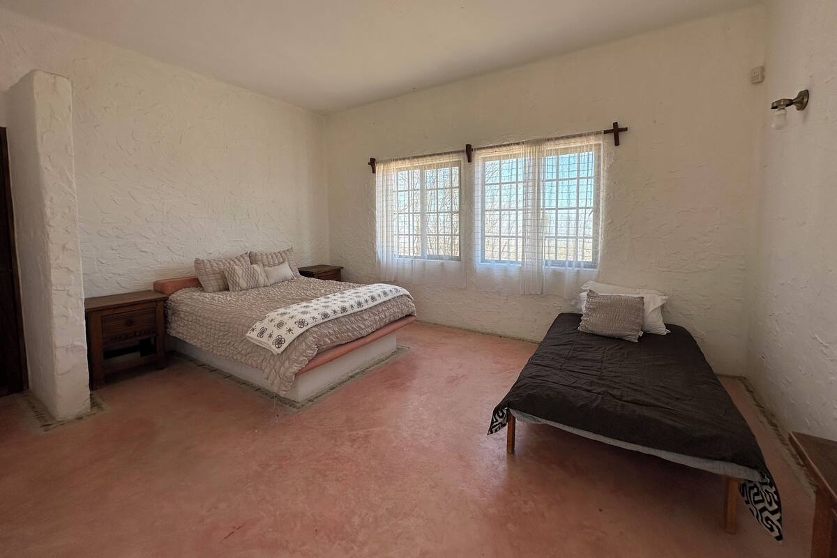 A bedroom with a bed, a smaller bed, a nightstand, and two windows with curtains.