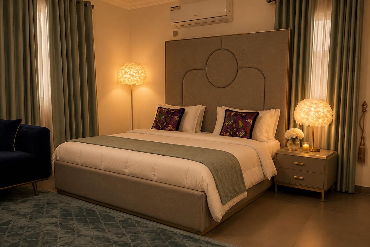 A bedroom with a bed, nightstands, a lamp, a chair, and a rug.