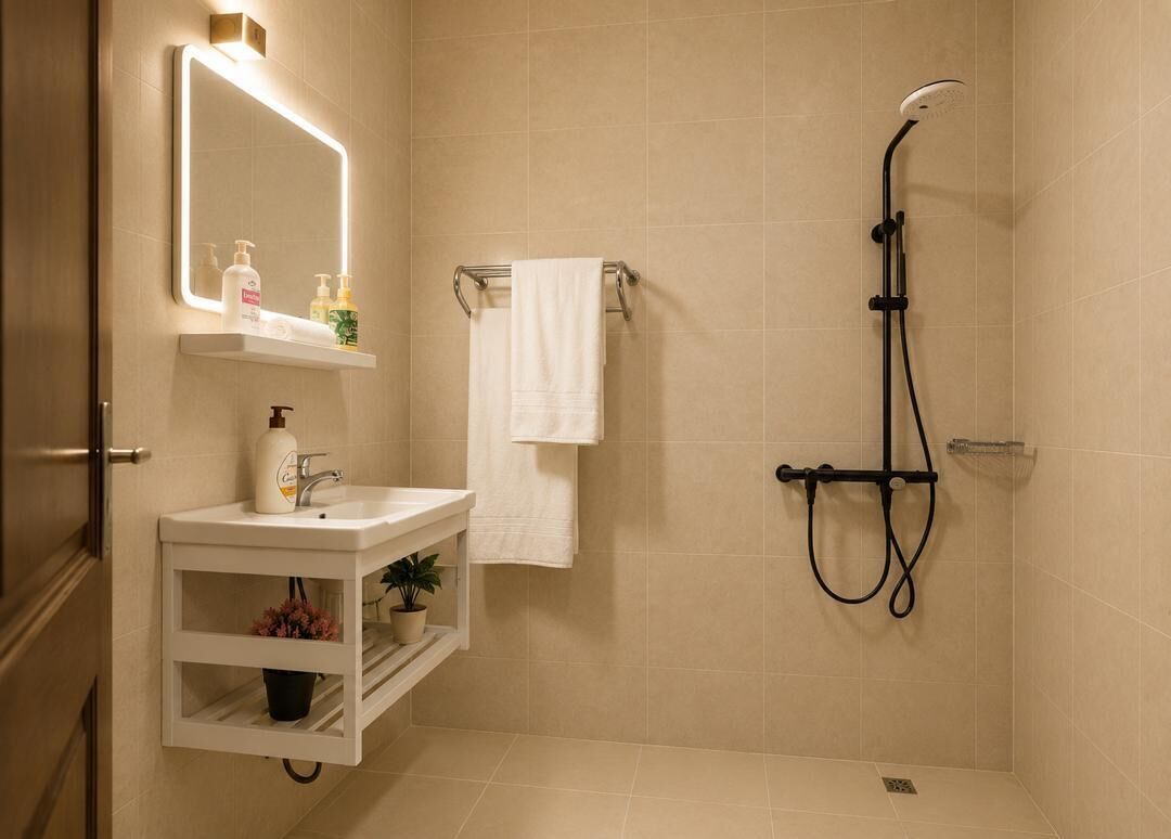 A bathroom with a white sink, mirror, and shower.