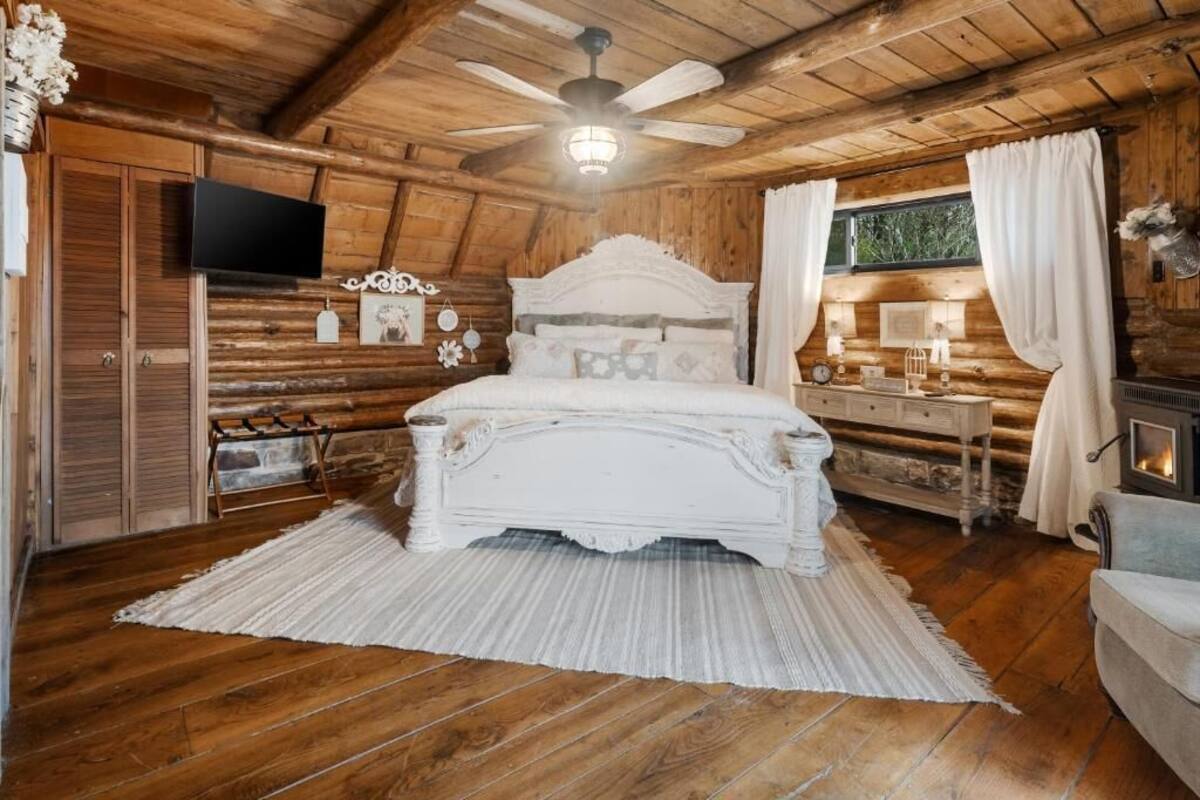 Un dormitorio de cabaña de madera con una cama, un ventilador de techo, una chimenea y un televisor.