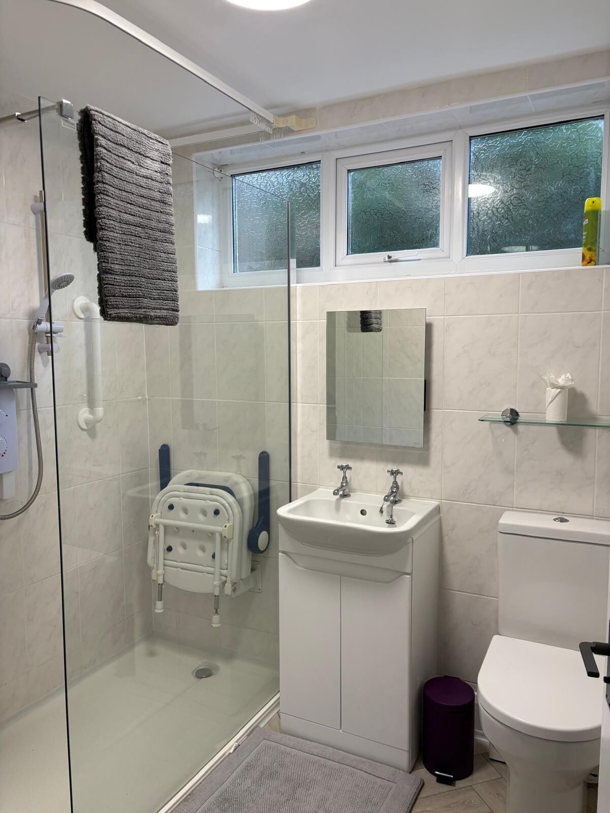 Hair dryer, towels, soap, toilet paper