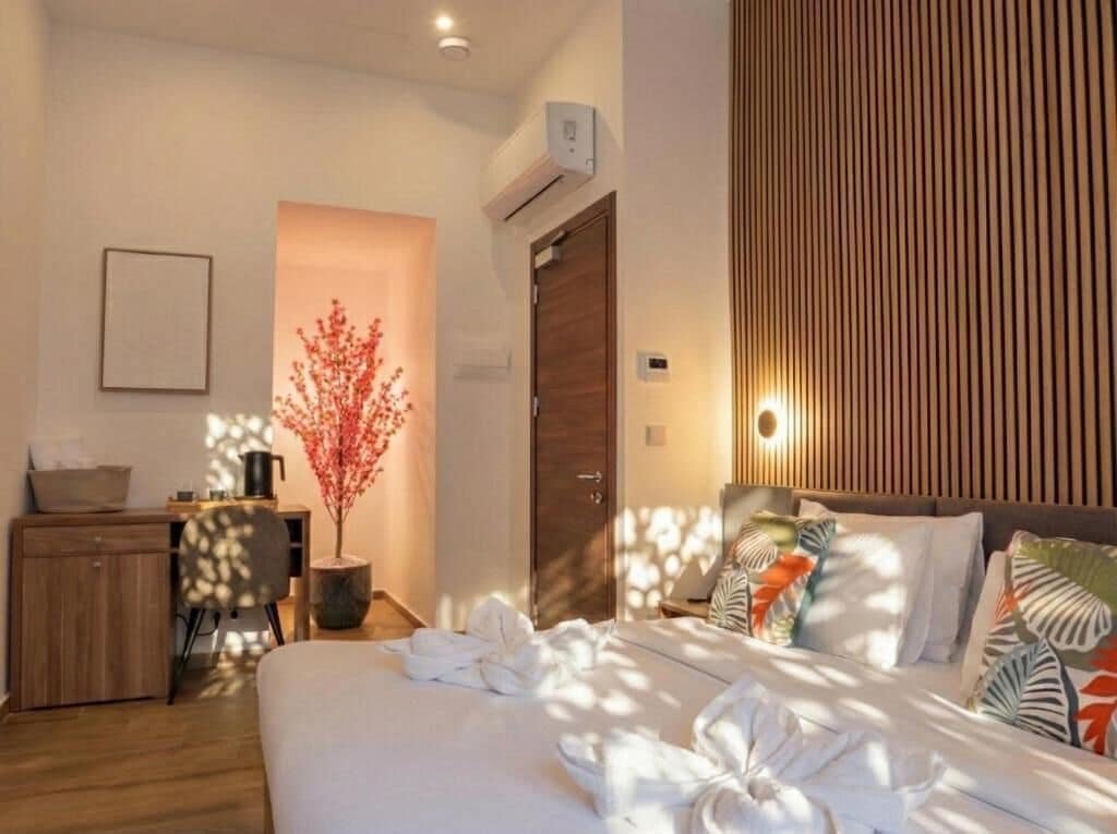 A hotel room with a bed, a desk, a chair, a potted plant, and a wooden panel wall.